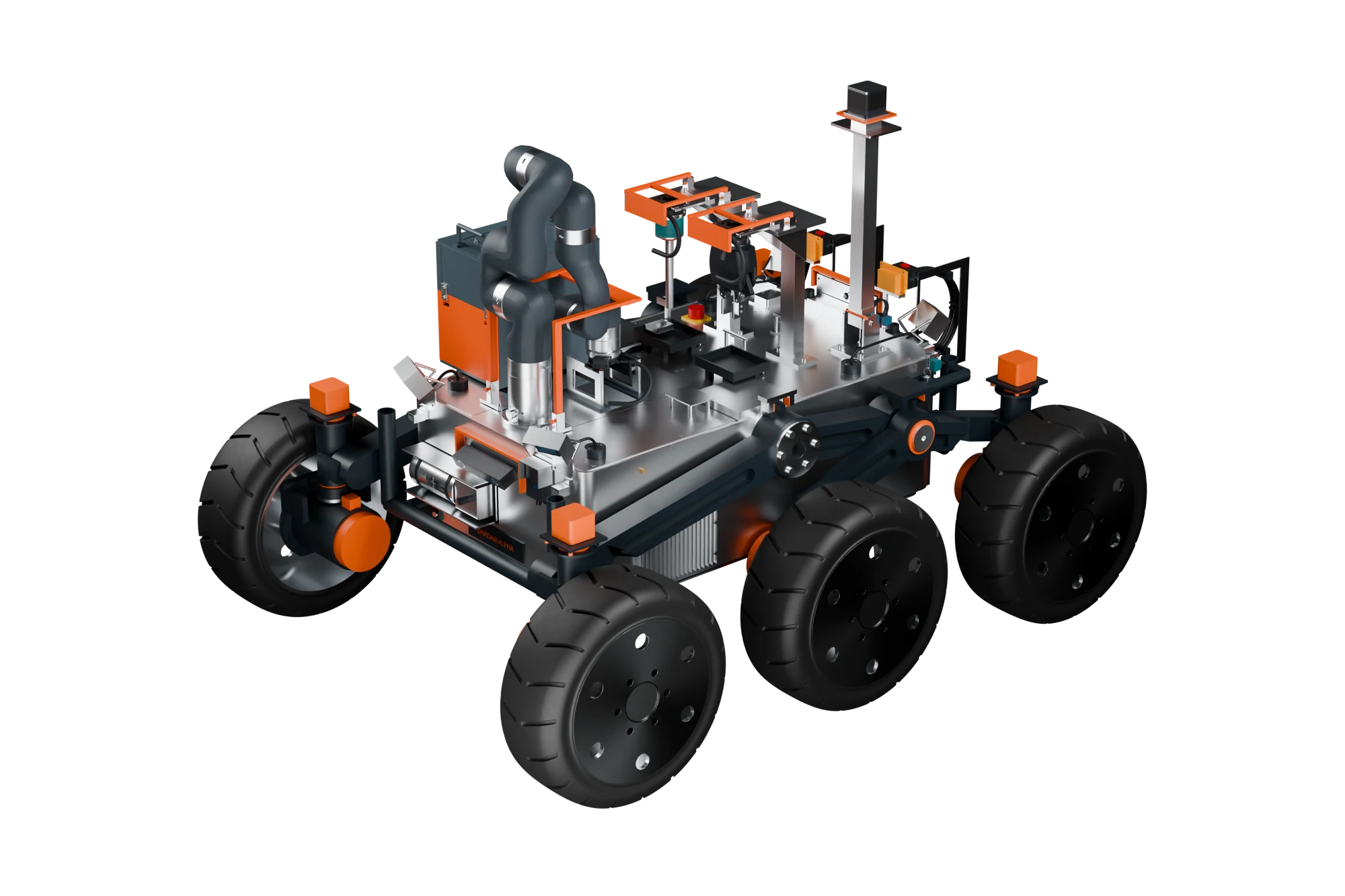 DARDAN ALPHA concept render: a six-wheel inspection rover with an articulated arm, sensing mast and modular deck